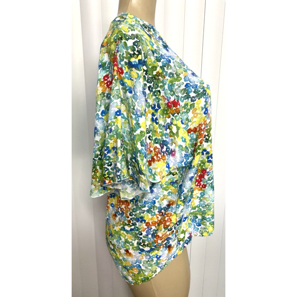 Jams World Shirt Top Blouse Short Flutter Sleeve V Neck W668 Bevy Floral Green L - Picture 2 of 7